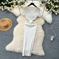 Vestido Bodycon Elegante Para Mujer Vestido Maxi De Verano Con Cuello En V Y Manga Corta Vestido Knit Elasticidad Alta Silueta Ajustada - details 6