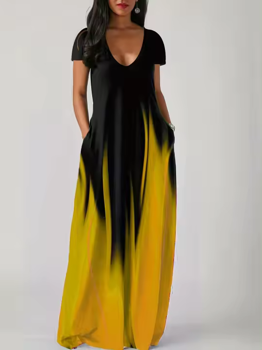 Vestido Casual De Verano Para Mujer Largo Con Bolsillos Estampado Suave Y Cómodo Vestido De Playa De Manga Corta Cuello Redondo - 1