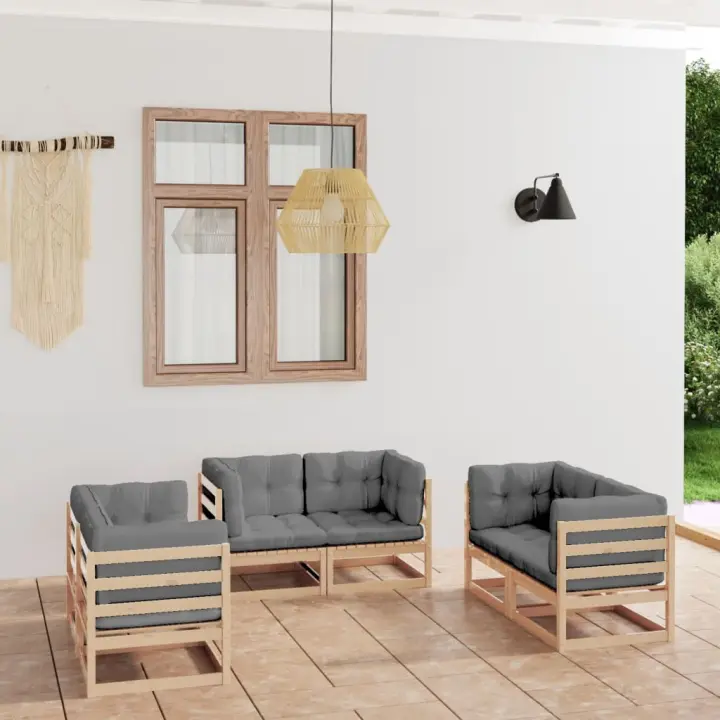 vidaXL Juego de muebles de jardín 6 pzas y cojines madera pino maciza - 1