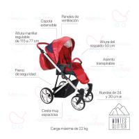 Carrito Montes Rojo 2 piezas AdaBaby, Dos piezas: capazo y silleta, Bolso, cobertura de lluvia, mosquitera, botellero y cubrepiés, Silleta hasta 22kg, plegable con el chasis en ambos sentidos, Tejidos de ecopiel y capotas de brillo - details 1