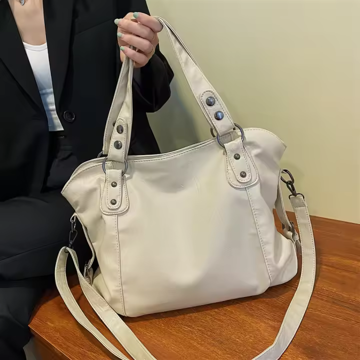 Bolso Bandolera De PU De Gran Capacidad En Color Sólido Para Mujer Estilo Retro Bolso De Hombro Suave Con Cierre De Cremallera - 1
