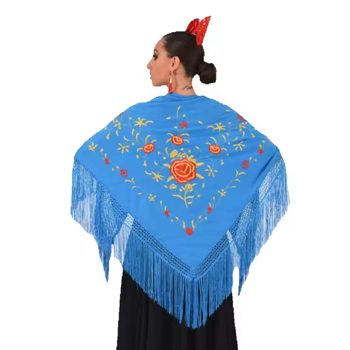 Mantón Mediano Azul con Bordado Rojo Oro y Flecos Azules Anuka - 1