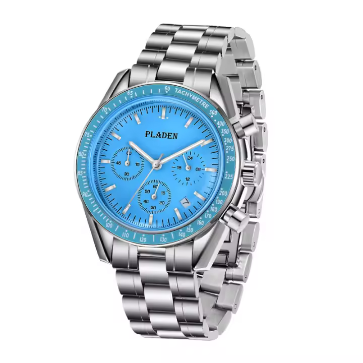 Reloj De Pulsera De Cuarzo PLADEN Para Hombres Lujo Acero Inoxidable Cronógrafo Deportivo Resistente Al Agua Con Manecillas Luminosas Y Calendario Completo Moda Casual - 1