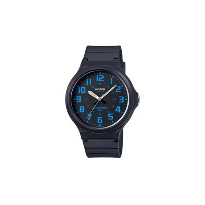 Reloj Casio Caballero MW-240-2B analógico correa de caucho esfera negra con números azul MW2402B - 1