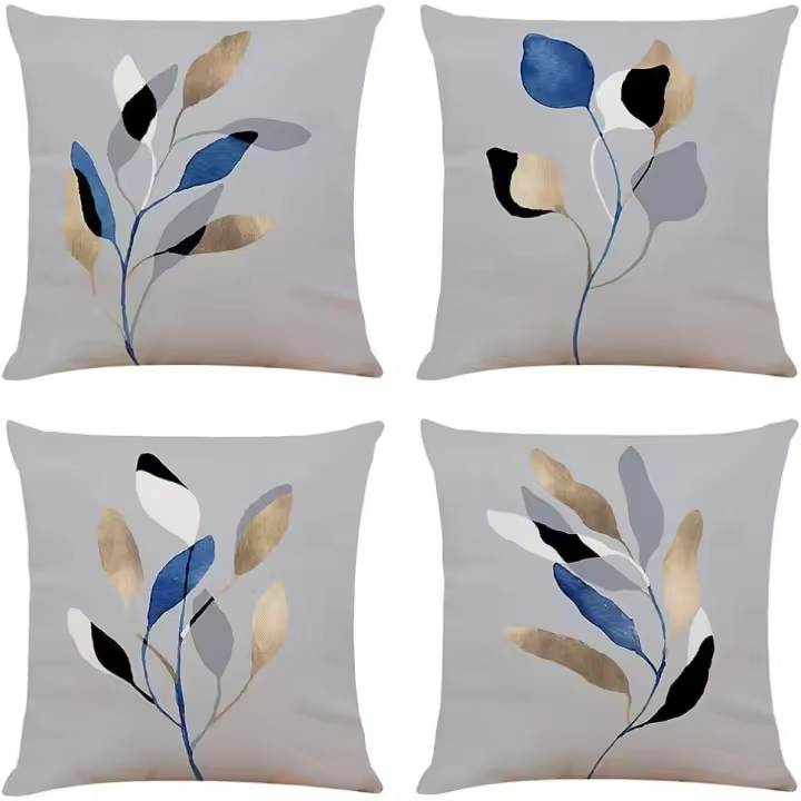 Juego de 4 fundas de cojín con diseño de hojas, 45 x 45 cm, color gris, decorativas, de 45 x 45 cm, de poliéster suave, cuadradas - 1