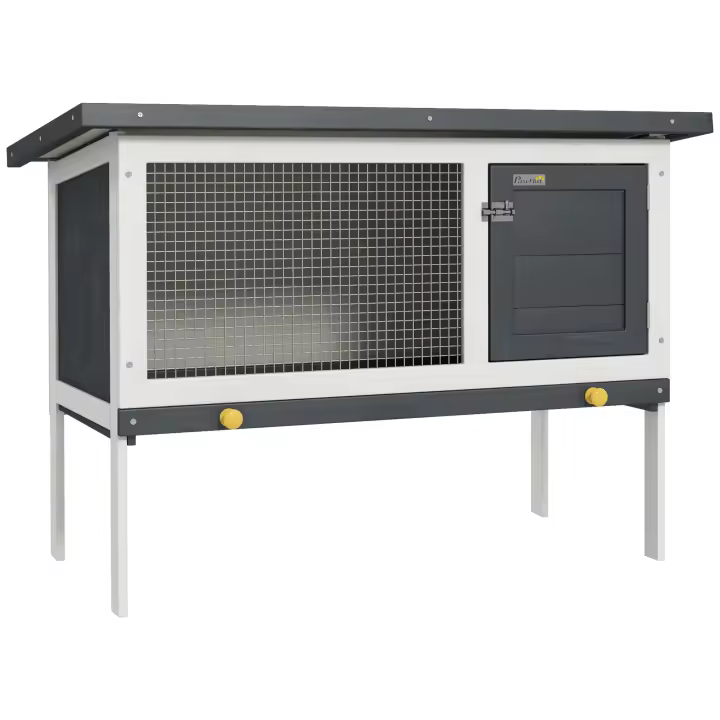 PawHut Conejera de Madera Exterior Jaula Elevada para Conejos Cobayas Animales Pequeños con Techo Asfáltico Abatible Bandejas Extraíbles y Puerta con Pestillo 90x45x65 cm Negro - 1
