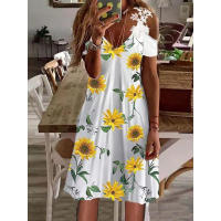Nuevo Vestido Impreso De Verano Para Mujer Hombros Descubiertos Con Encaje Manga Corta Largo Hasta La Rodilla Estilo Casual - details 7