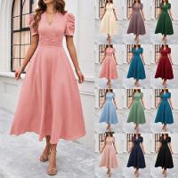 Vestido Elegante De Fiesta Para Mujer Cintura Alta A-Line De Color Sólido Con Manga Corta Estilo Francés Vestido De Cintura Cinchada Temperamento - details 0