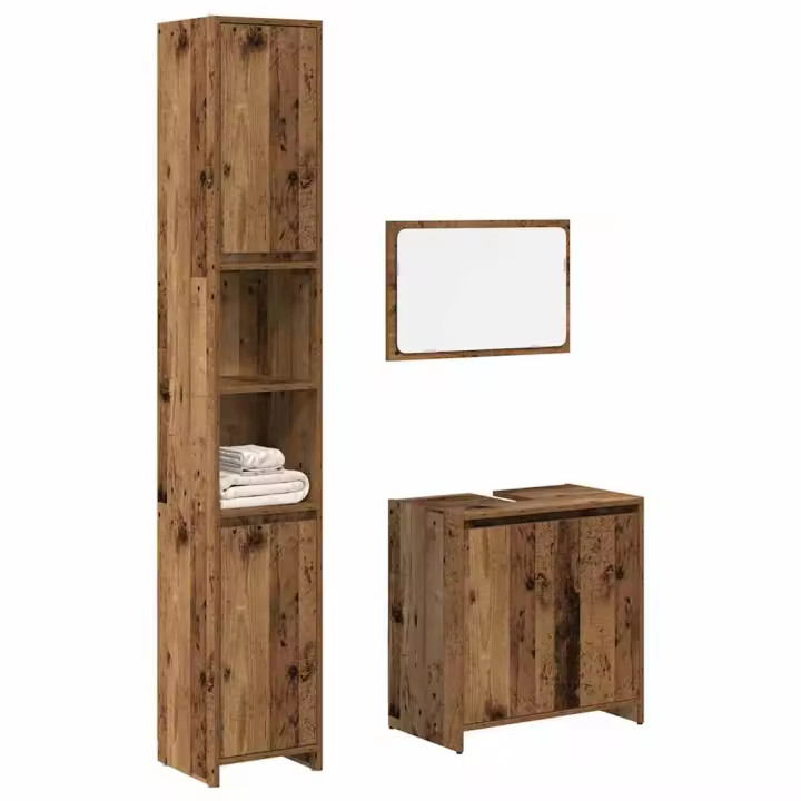 vidaXL Set de muebles baño 3 pzas madera contrachapada roble marrón en color Marrón roble/Negro/Blanco brillante y más | almacenamiento funcional diseño moderno para baño dormitorio sala - 1