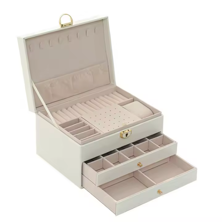 Joyero vintage de PU de Tres Capas con Gancho para guardarCollares, pendientes, anillos y pulseras, joyero de cuero con Cajón de Tres Capas para guardarjoyas - 1