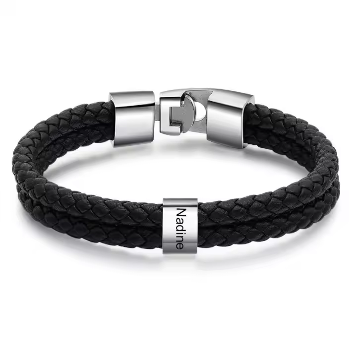 Pulsera de cuero con botón de Anzuelo, Maple inoxable, pulsera de cuero con Letra, pulsera de cuero con Cuerda Redonda Doble, pulsera de cuero con Letra - 1