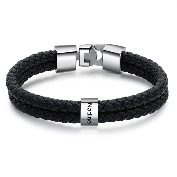 Pulsera de cuero con botón de Anzuelo, Maple inoxable, pulsera de cuero con Letra, pulsera de cuero con Cuerda Redonda Doble, pulsera de cuero con Letra - 1
