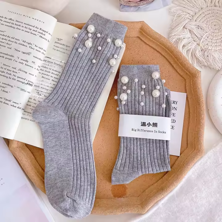 Pareja De Calcetines De Moda Para Mujer Con Decoración De Perlas Estilo Princesa Medio Caña Coreano Accesorios De Ropa - 1