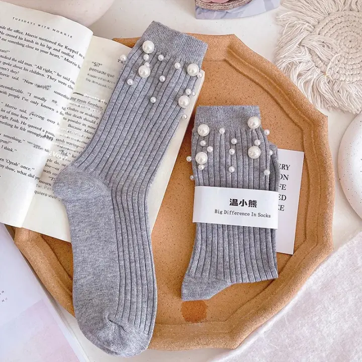 Pareja De Calcetines De Moda Para Mujer Con Decoración De Perlas Estilo Princesa Medio Caña Coreano Accesorios De Ropa - 1