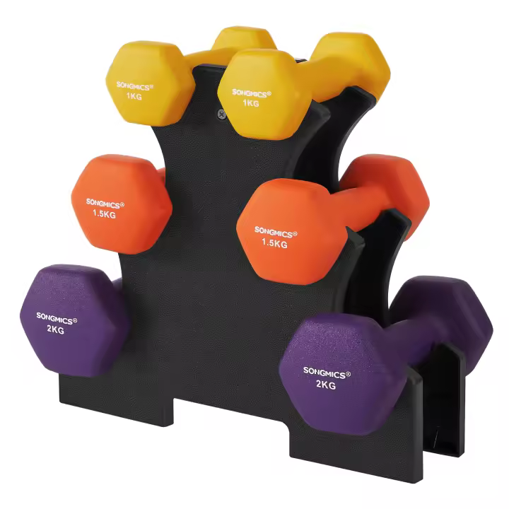 SONGMICS Juego de 6 Mancuernas, 2 x 1 kg, 2 x 1,5 kg, 2 x 2 kg, Mate con soporte, para gimnasio y entrenamiento en casa - 1
