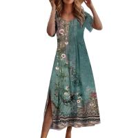 Vestido Largo Elegante Para Mujer Con Estampado Allover Manga Corta Y Rotura Para Primavera Verano Vestido De Fiesta Casual - details 7