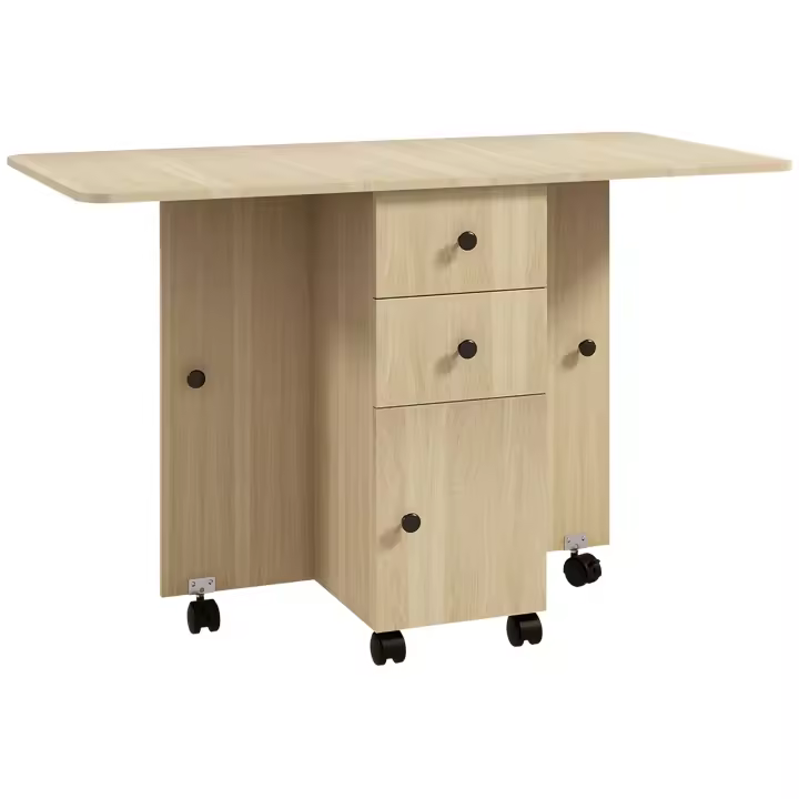 HOMCOM Mesa Plegable de Comedor Mesa de Cocina Plegable con Ruedas Alas Abatibles Cajones y Armario Mesa Plegable para 4-6 Personas 120x60x76,5 cm - 1