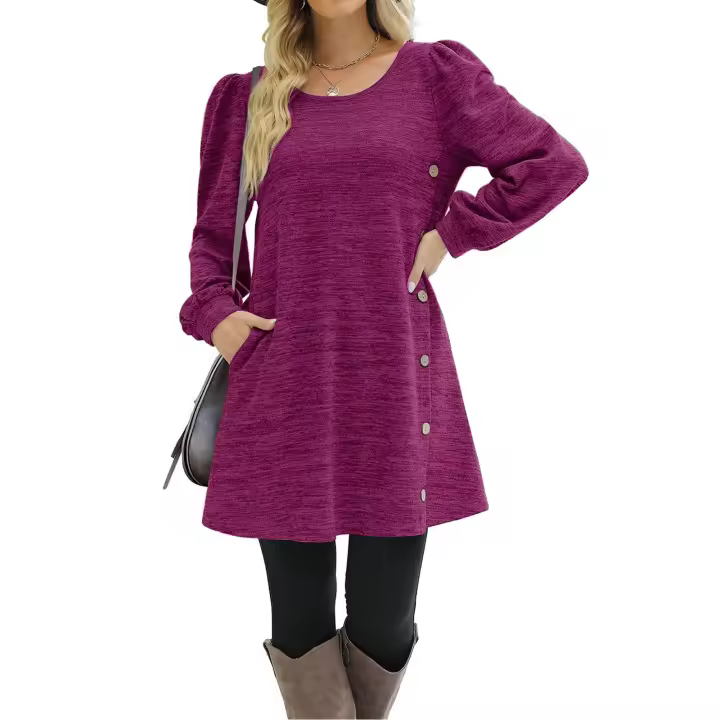 Vestido Casual De Mujer Verano 2024 Cuello Redondo Manga Larga Botones Color Sólido A-Line Largo Hasta La Rodilla Polyester - 1