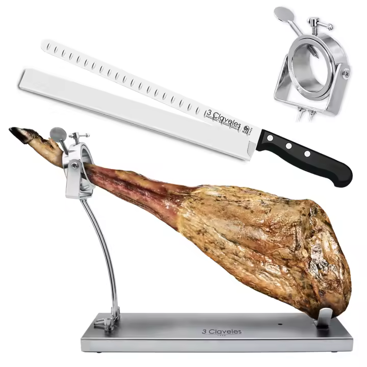 3 Claveles 01737 - Kit Soporte Jamonero Plegable Inox. con Cuchillo POM 29 cm y Funda - 1