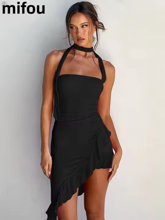 Vestido Mini Asimétrico Kliou Para Mujer Con Cuello Haltera Solado Lace Stitching Vestimenta Elegante Para Fiesta Y Calle - 1