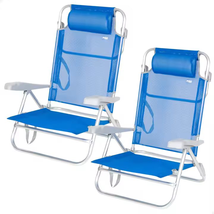 Aktive – Pack de 2 sillas de playa plegables, con respaldo reclinable 7 posiciones, convertibles en tumbona, tamaño 47x49x82 cm, de aluminio y textileno, con cojín acolchado y asas de mano para transportar, estructura plegable, máx. 110 kg, multiposición - 1