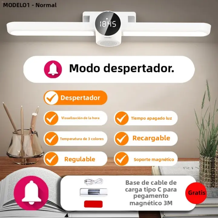 Lámpara De Mesa LED Con Reloj Y Alarma Luz De Lectura USB Recargable Para Cabecera Y Armario Cuidado Ocular Magnético Moderno - 1