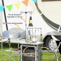 Outsunny Mueble de Cocina para Camping Armario para Camping Plegable con Mesas Estantes Poste de Luz Elevable y Bolsa de Transporte para Acampada Picnic 144x48x119 cm Plata y Gris Claro - details 4