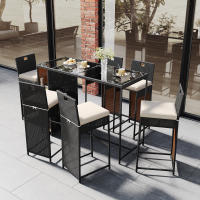 Set de Bar de Jardín de 7 Piezas with Cepillos, Espacio para Estantes, Tabla de Mesa de Cristal Templado, Ratán de Poliéster, Mezclas de Negro y Marrónnegro - details 0
