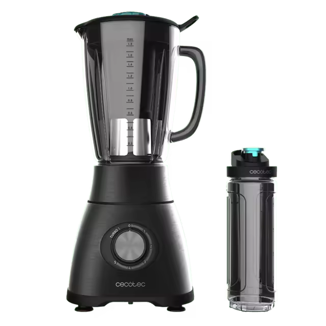 Power Black Titanium 2500MAX Go. Batidora de Vaso de 1800 W, Acero inoxidable, Cuchilla de 6 hojas con Recubrimiento de Titanio Negro y jarra de vidrio Fundido con 1,8 L, Incluye Botella Portátil - 1