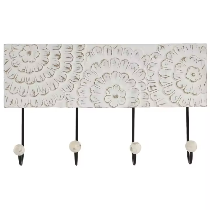 Dcasa Perchero de pared mango tallado a mano flor 4 colgadores metal - 1