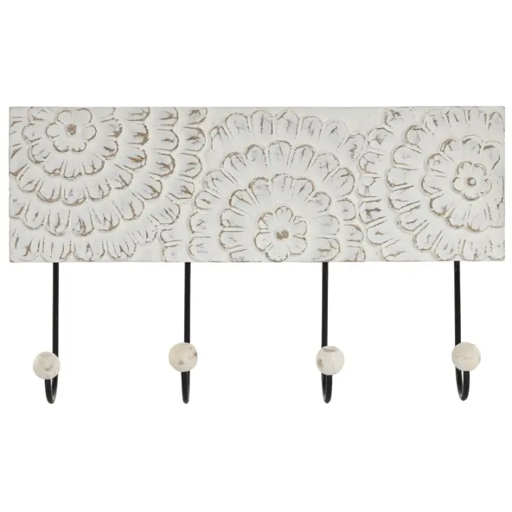 Dcasa Perchero de pared mango tallado a mano flor 4 colgadores metal - 1
