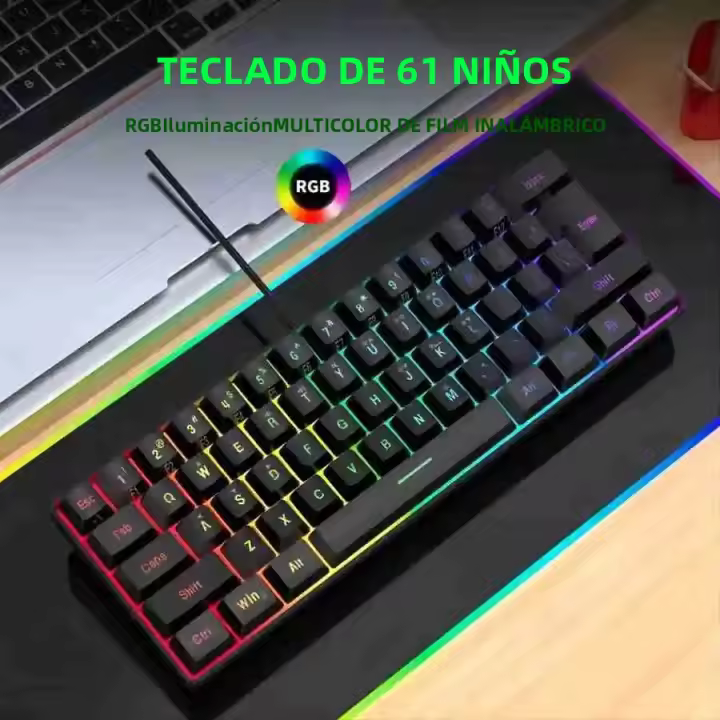 Teclado De Juego Con Cable 60% RGB Backlight Mini Compacto Impermeable 61 Teclas Para PC/Mac Para Jugadores - 1