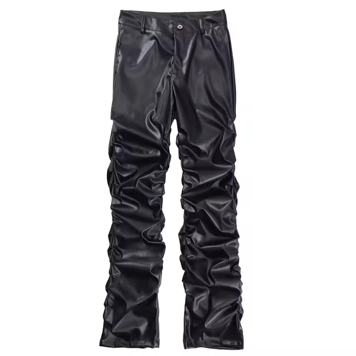 Pantalones De Cuero PU Para Hombre Estilo Hip Hop Harajuku Retro Callejero Casual Ruched Pleated Color Sólido Negro Talla Grande - 1