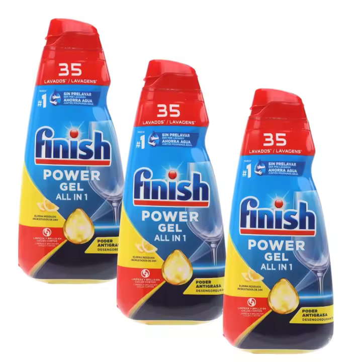 Finish All in 1 Max Power Gel Limón Pack de 3 Desengrasantes Detergentes Gel para el Lavavajillas de 35 lavados 700 ml (2100 ml en total ) - El envase puede variar - 1