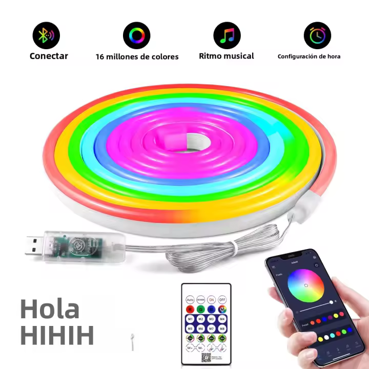 Tira De Luces LED Neón RGBIC DC5V USB 5M WS2812 Impermeable Con Control Remoto Bluetooth Para Decoración De Pared Y Habitación Luz Faeira - 1