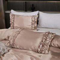 Set De Edredón Satinado 3PCS Colores Blanco Khaki Y Rosa Seda Suave Con Volantes Estilo Moderno Para Cama Conjunto De Ropa De Cama - details 36