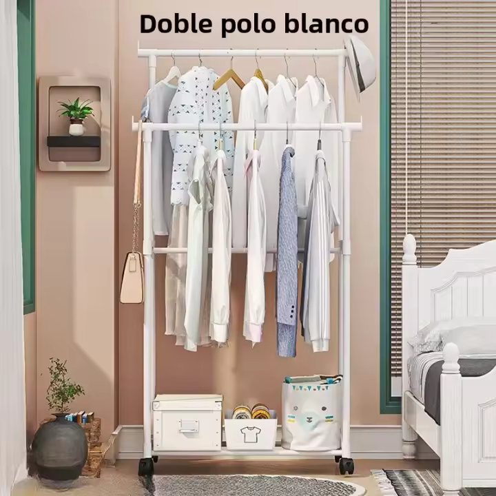 Rack De Ropa Doble With Gancho Organizador De Ropa Para Dormitorio Móvil With RuedasEstante De Ropa Metálico Moderno Para El Hogar - 1