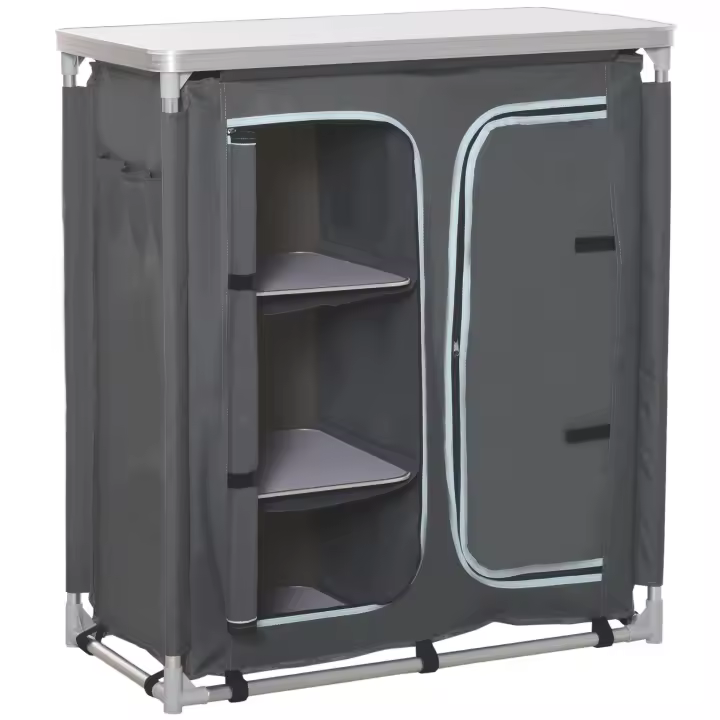 Outsunny Armario de Camping Plegable Mueble de Cocina para Camping con 3 Estantes Compartimento Puerta con Cremallera Estructura de Aluminio y Bolsa de Transporte para Exterior 96x49,5x104 cm Gris - 1