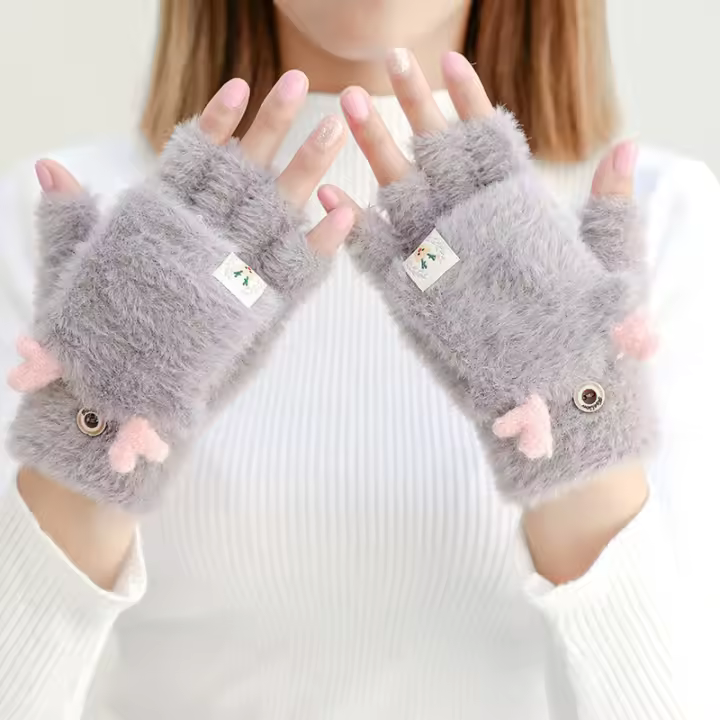 Guantes De Navidad Con Reino Para Mujeres Y Niñas Estilo Plegable Mitad Dedo Llenos De Terciopelo Y Poliéster Unisex - 1
