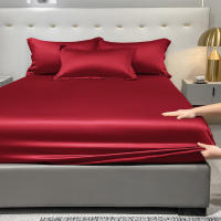 Sábana Sencilla Moderna De Satén En Color Sólido Talla Fitted Cola De Caballo En Rojo Vino Sábana De Cama De Seda Helada Para Dormitorio Conjunto De Ropa De Cama (Excluye Fundas De Almohada) - details 4