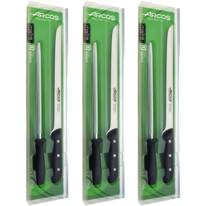ARCOS Maitre - Set Cuchillo Jamonero (275 mm) + Chaira (230 mm) - Hoja de Acero Inoxidable Nitrum® - Mango Negro de Polipropileno (PP) - 151900 - PACK 3 - 1