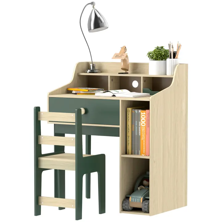 AIYAPLAY Conjunto escritorio y silla para niños de 3 a 10 años, escritorio infantil para niños y niñas con silla, estantes y cajón, mesa infantil con silla para estudiar y trabajar, madera natural y verde - 1