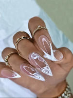 24pcs Uñas Postizas Largas Almendra Blancas Estilo Francés Detalladas Tiras Adhesivas De Uñas Postizas ABS Para Fiesta - details 24