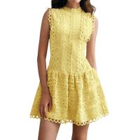 Vestido Mini De Encaje Con Agujeros Huecos Para Mujer Cuello Erguido Sin Mangas Cintura Alta Spliced Botones Estilo Vintage - details 3
