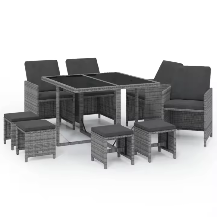 vidaXL Set comedor jardín 9 pzas y cojines ratán sintético gris - 1