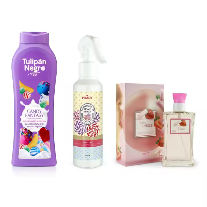LOTE Gel baño Candy "Tulipán Negro" + Ambientador Piruleta + Fragancia Chicle "Prady" - 1