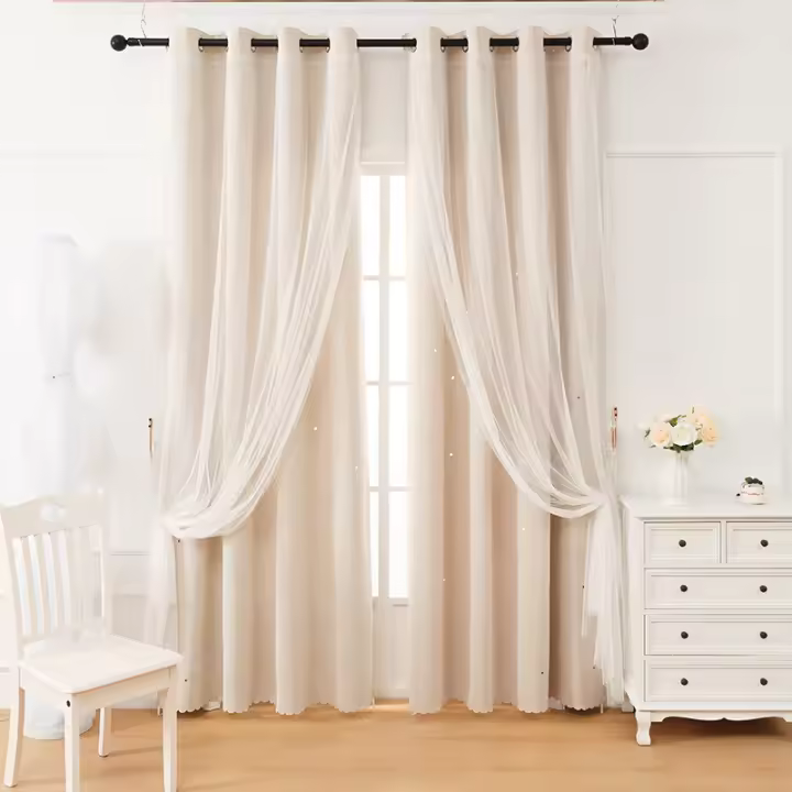 Cortinas Perforadas Con Estrellas Beige Para Sala De Estar Y Dormitorio Cortinas Decorativas Con Negro Para Bloqueo De Luz Doble Panel - 1