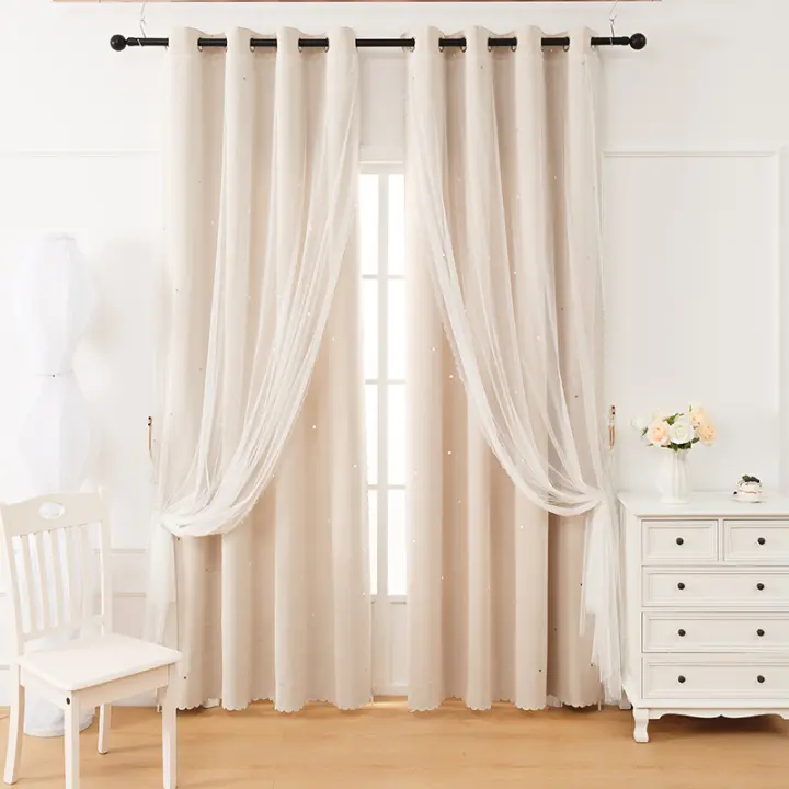 Cortinas Perforadas Con Estrellas Beige Para Sala De Estar Y Dormitorio Cortinas Decorativas Con Negro Para Bloqueo De Luz Doble Panel - 1