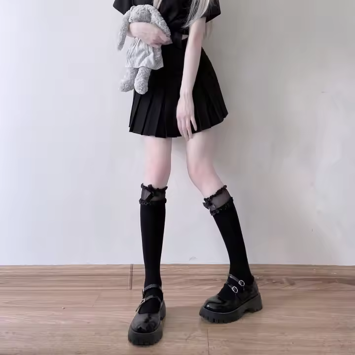 Calcetines Largos De Pies Descalzos Para Mujer Estilo Lolita Japonés Calcetines De Rodilla JK Con Tirantes Y Encaje Suave Y Transpirable Para Otoño E Invierno - 1