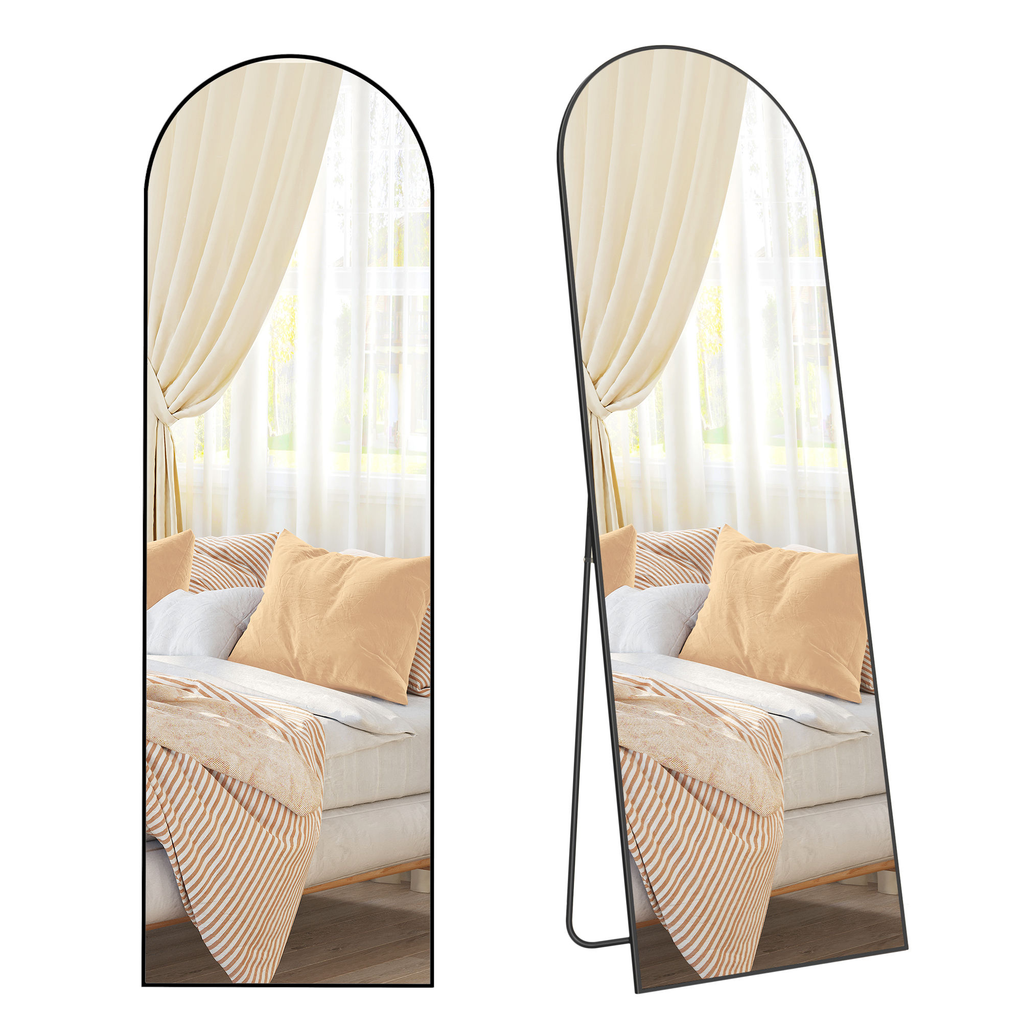 SONGMICS Espejo de Cuerpo Entero, 160 x 50 cm, Espejo Arqueado con Soporte, Espejo con Marco de Aleación de Aluminio, Cristal Templado, para Dormitorio, Salón, Vestuario, Negro Tinta/Oro Pálido/Blanco Mate